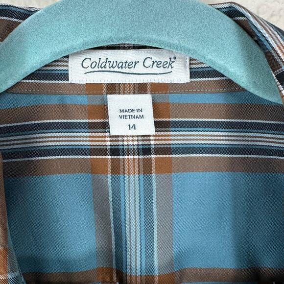 Coldwater Creek teal brown plaid button shirt women’s size 14 long sleeve work - Picture 3 of 5